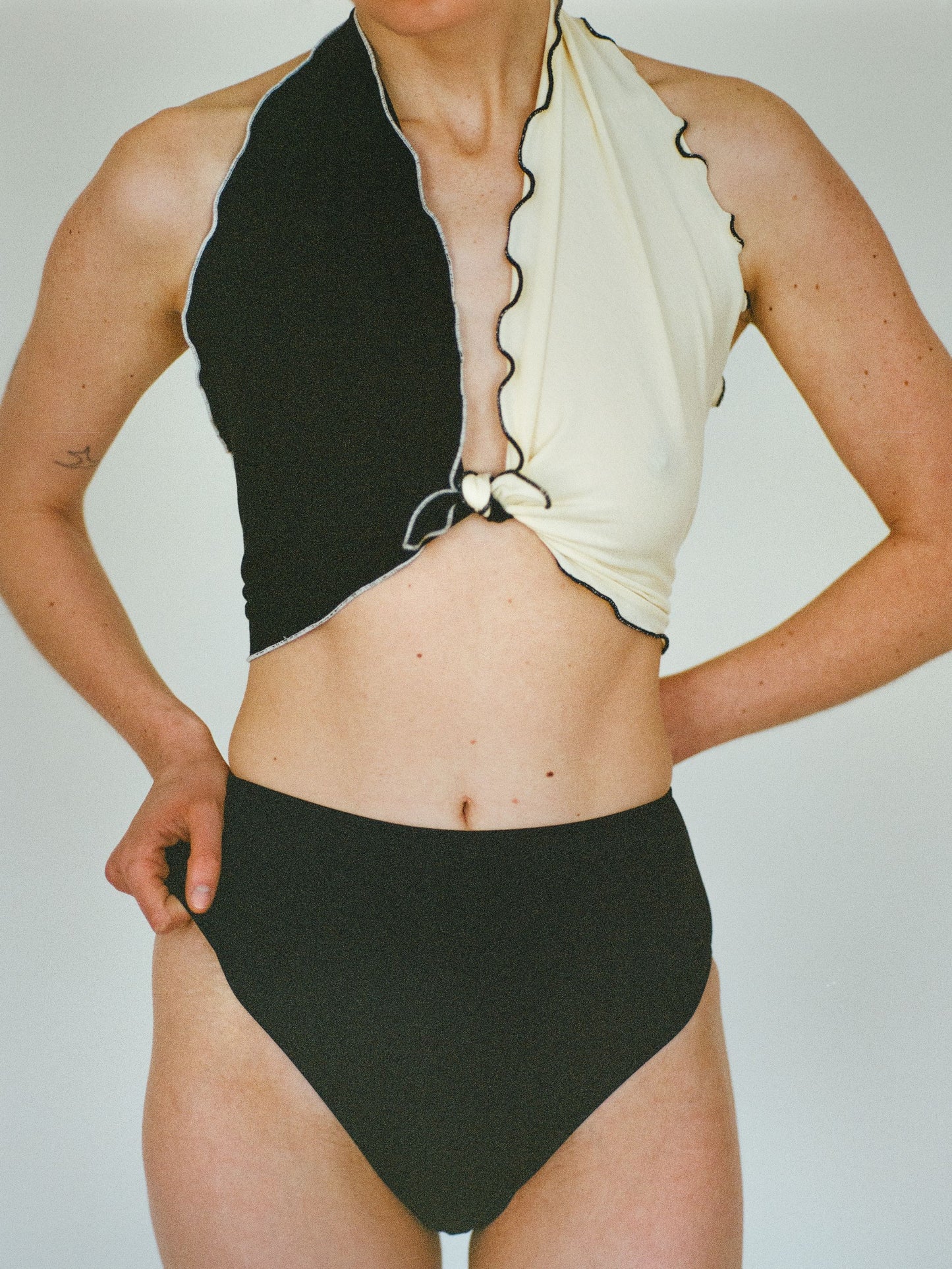 Atelier Magata Wave Tie Scarf butter yellow black knotted top girl naked skin black panties