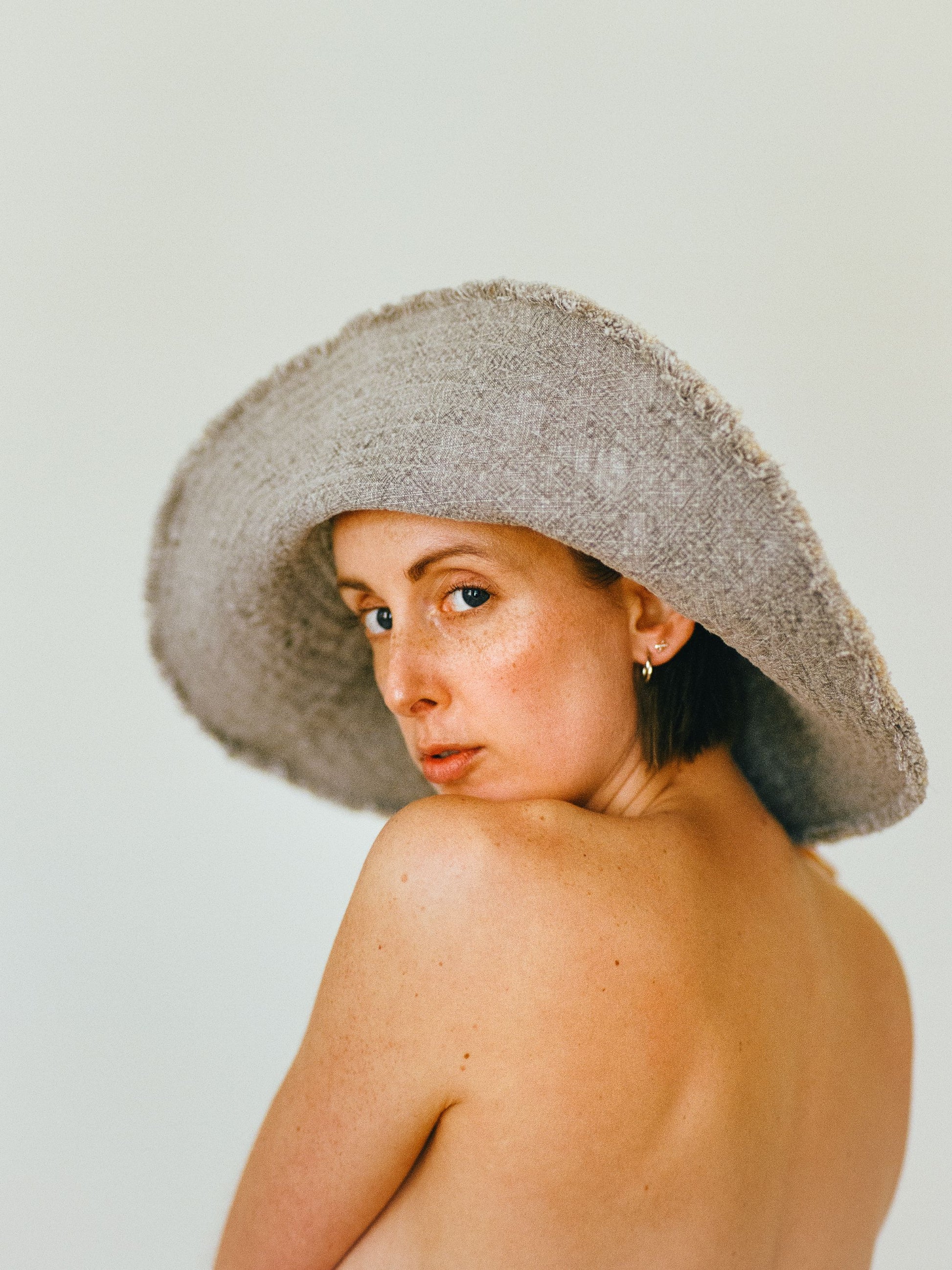 Atelier Magata Medium Shade Bloom Sun Hat grey cotton naked back