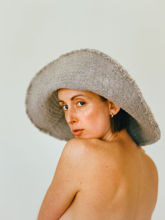 Atelier Magata Medium Shade Bloom Sun Hat grey cotton naked back