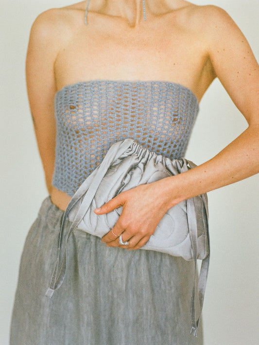 Atelier Magata Satin Bloom Pouch Bag silver silk net sky blue top grey trousers