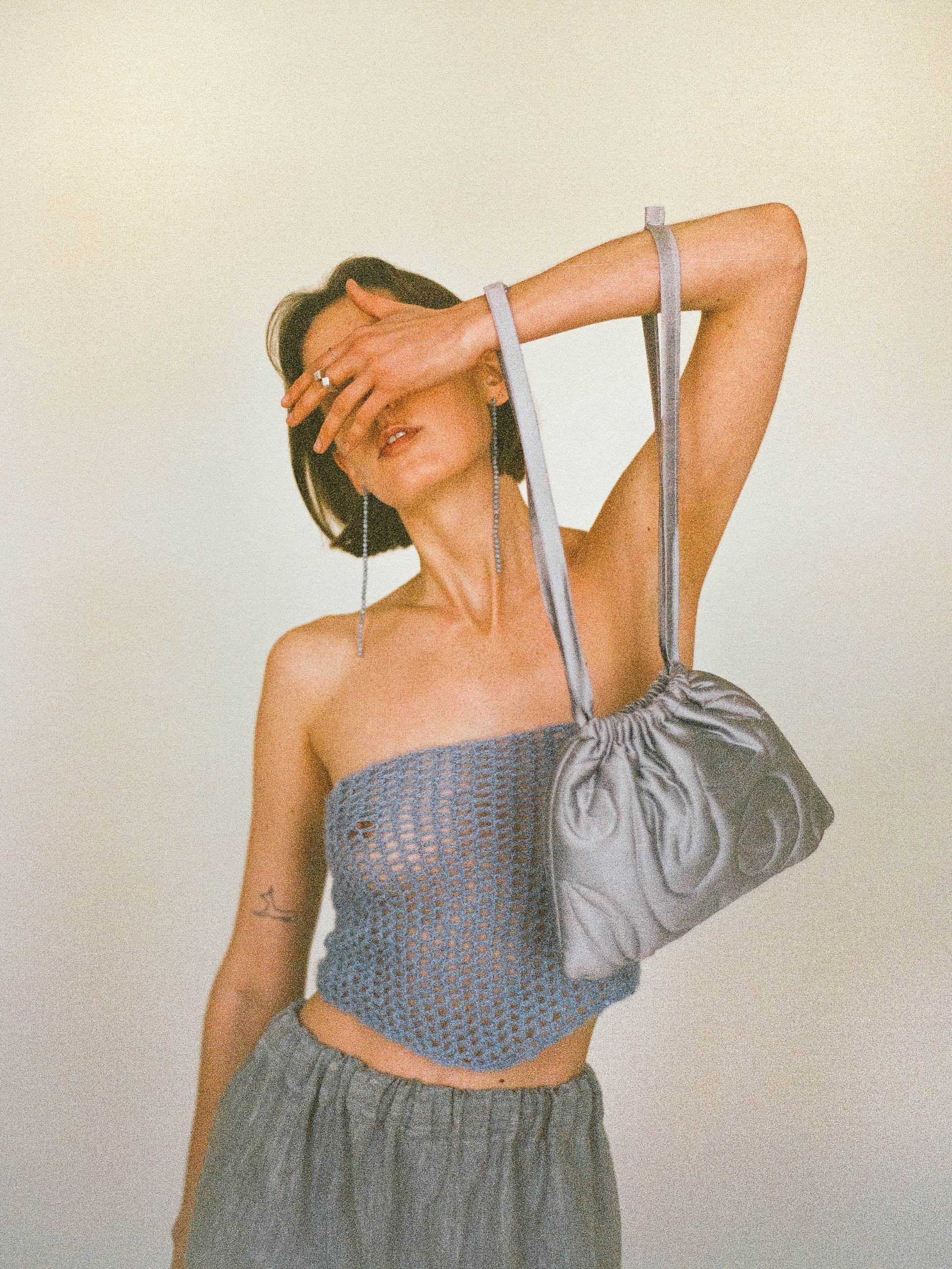 Atelier Magata Satin Bloom Pouch Bag silver silk net sky blue top