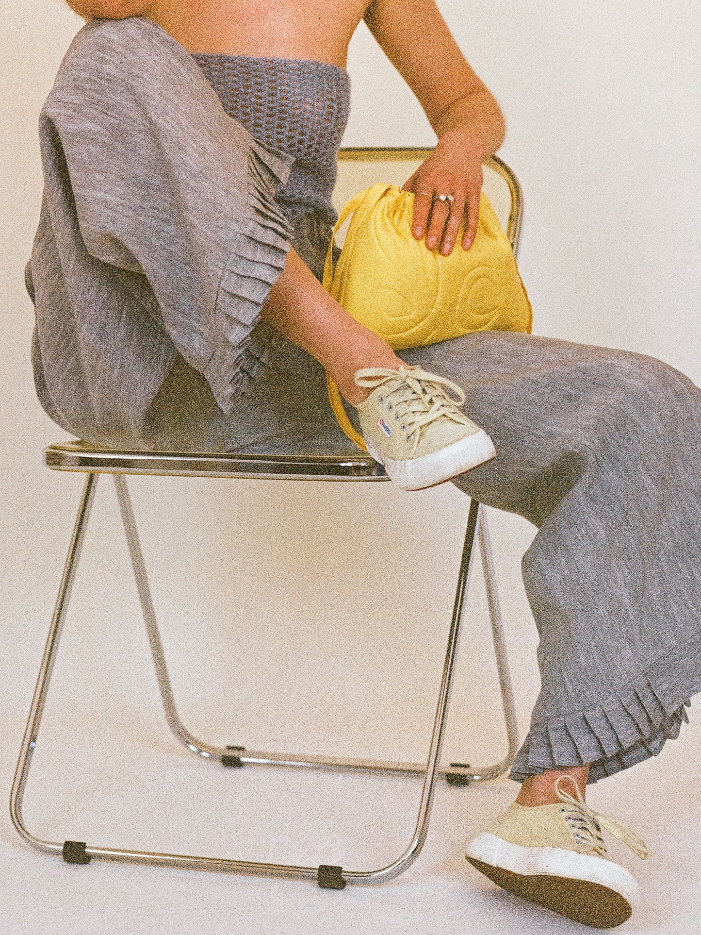 Atelier Magata Satin Bloom Pouch Bag yellow grey ruffle linen trousers lemon yellow Superga