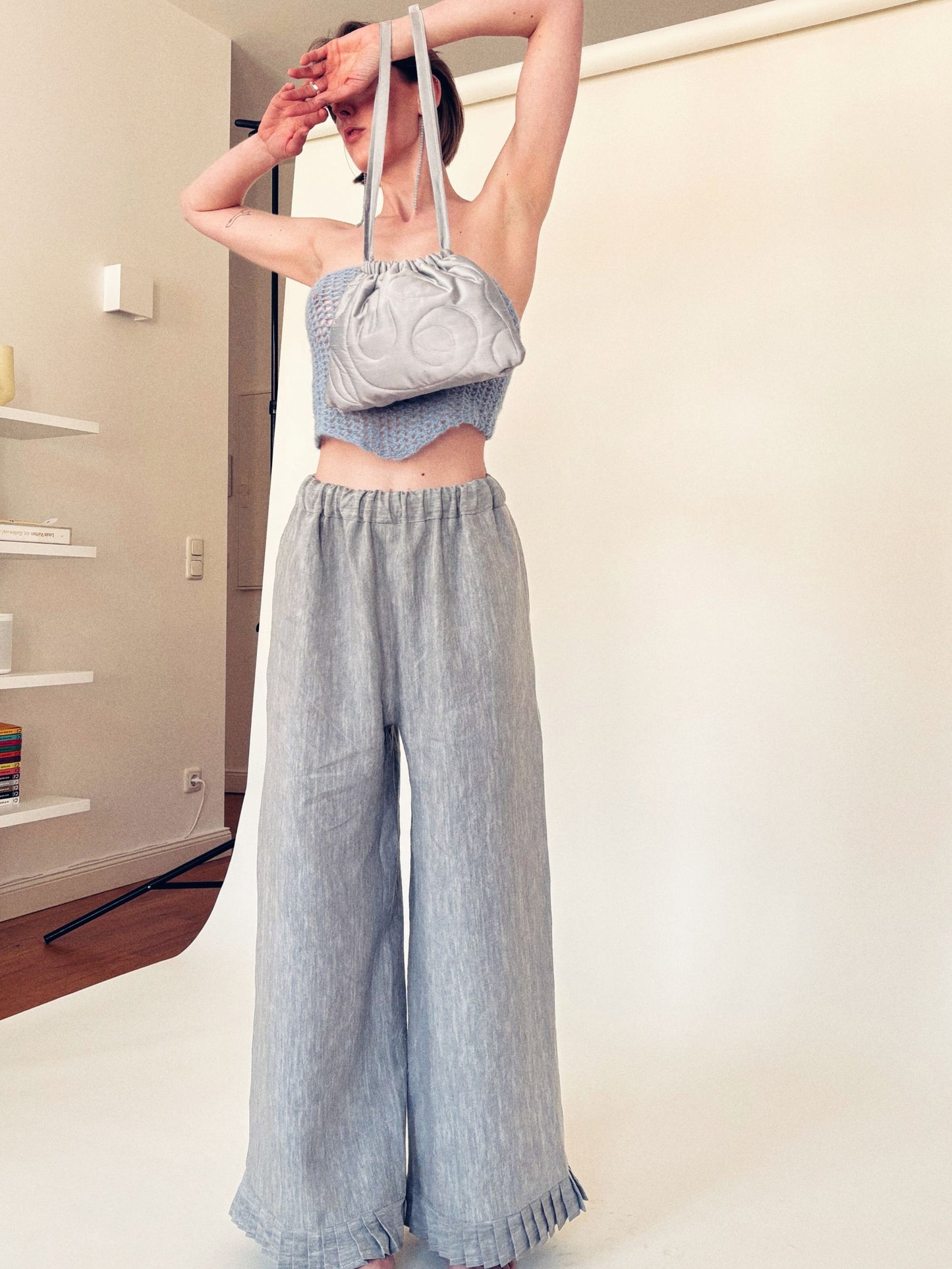 Atelier Magata Tide Linen Trousers Grey silver pouch