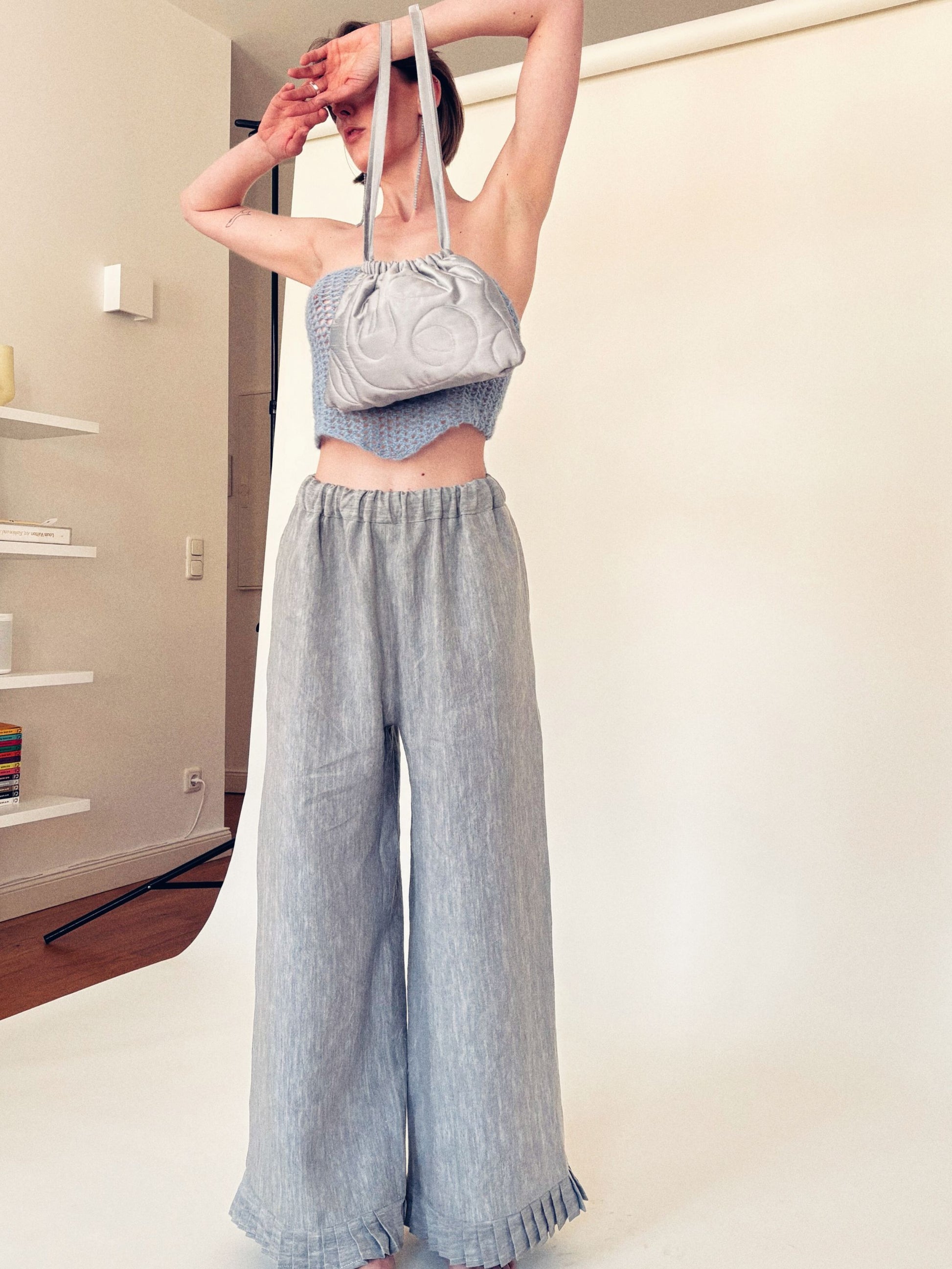 Atelier Magata Tide Linen Trousers Grey silver pouch
