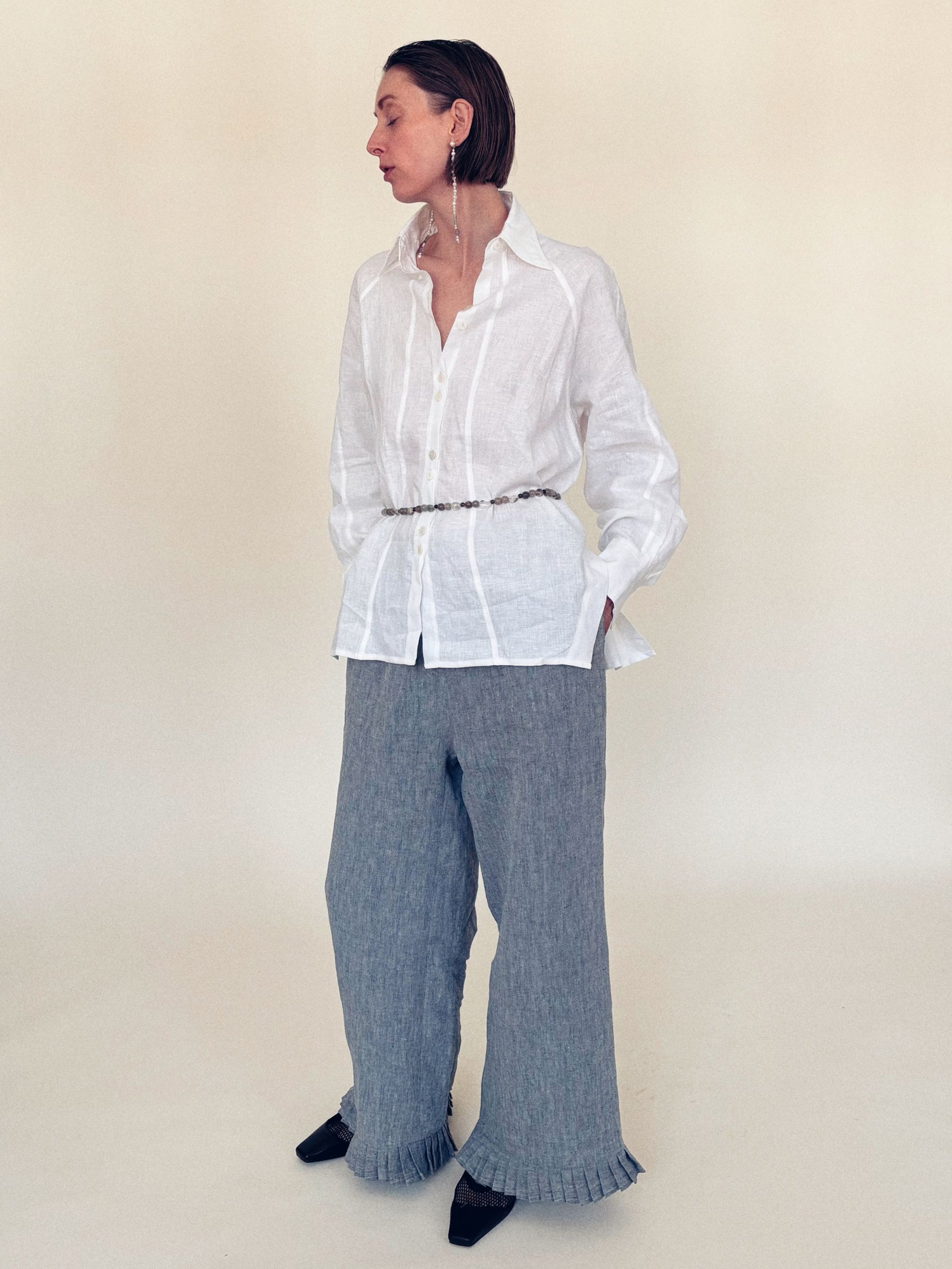 Atelier Magata Tide Linen Trousers Blue White linen shirt gemstone beaded belt strap