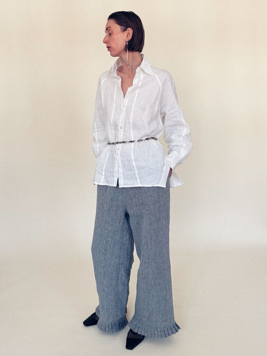Atelier Magata Tide Linen Trousers Blue White linen shirt gemstone beaded belt strap