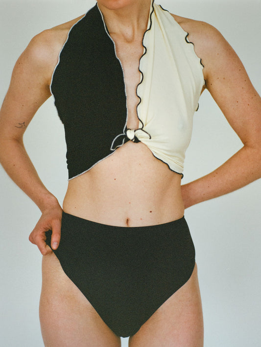 Atelier Magata Wave Tie Scarf butter yellow black knotted top girl naked skin black panties