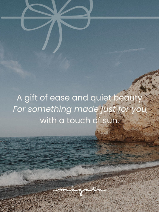 Atelier Magata digital gift card with logo and Mediterranean seaside background